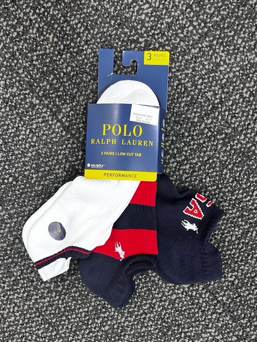 POLO Ralph Lauren Low Cut Athletic Sock 3-Pack White Red Navy Polo Socks  XL NWT